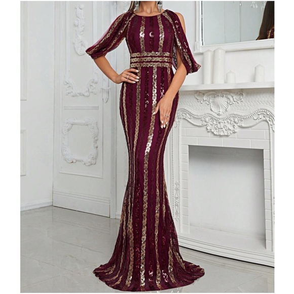 Luxe Cold shoulder sequin Evening Formal Black Tie Wedding Dress - Picture 1 of 9